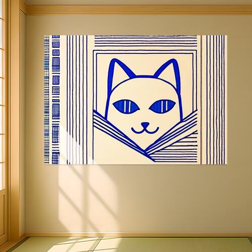 猫 ネコ 動物 青海波 和柄 タペストリー 大判 シンプル おしゃれ 北欧 大きい インテリア 大型 布製 壁飾り 巨大 壁掛け 撮影背景 特大 青 白 ベージュ