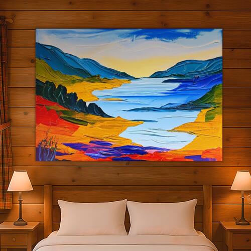 山 湖 風景 自然 絵画 タペストリー 大判 おしゃれ 大きい インテリア 大型 布製 壁飾り 巨大 壁掛け 撮影背景 特大 青 黄色 オレンジ