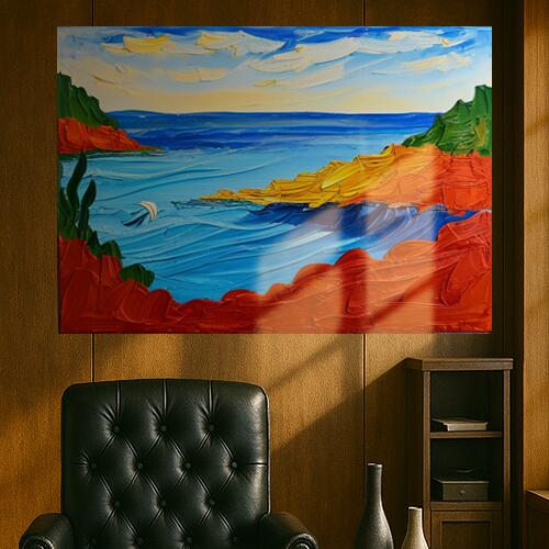 海 海岸 風景 油絵 ボート タペストリー 大判 おしゃれ 大きい インテリア 大型 布製 壁飾り 巨大 壁掛け 撮影背景 特大 青 黄色 オレンジ