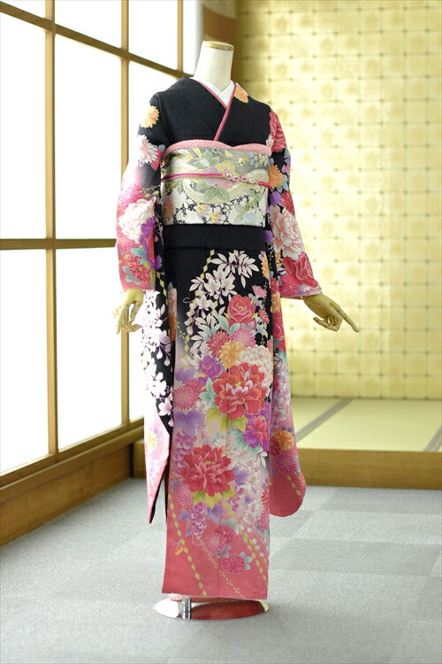 黒ピンクぼかしｍｏばら 身長 158cm 173cm位 150 160 170 7号 9号 9号 11号 11号 13号 黒 レンタル フルセットレンタル 着物レンタル 和服 振袖レンタル 成人式レンタル 結婚式レンタル 貸衣装 フルフル パーティ お見合い 卒業式に