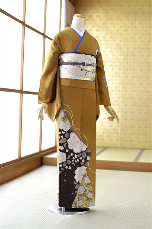 訪問着フルセット　着物　正絹　茶　ブラウン　花　　Ｆ4 ho-fu317.jpg