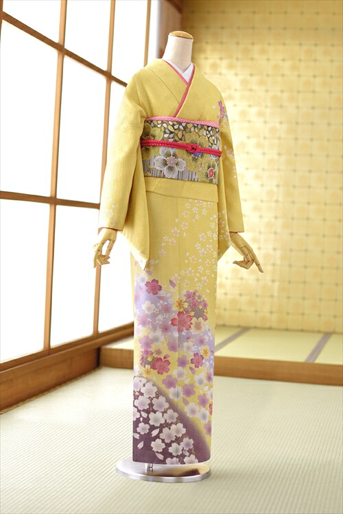 【レンタル】 訪問着 レンタル ダルイエロー桜に花びら mh1260 女性 袋帯 着物 桜の地紋入りのシックなイエロー 《身長》160cm～174m位 M/L トールサイズ 入学式 卒業式 母 着物 母親 結婚式 お宮参り 七五三 卒園式 人気 おすすめ