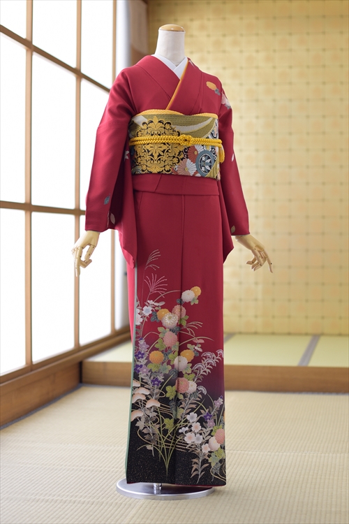 単衣訪問着 黒と赤のグラデーション 花柄　正絹 n_5301343020212.jpg