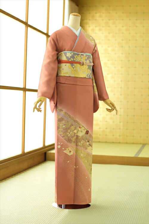 【レンタル】 訪問着 レンタル 茜散らし小花刺繍 mh2045 女性 袋帯 着物 赤味を帯びた薄茶色 《身長》156cm～168cm位 M/L 高級正絹 ほうもんぎ 入学式 卒業式 母 着物 母親 結婚式 お茶会 お宮参り 七五三 貸衣装 フルフル 人気 おすすめ