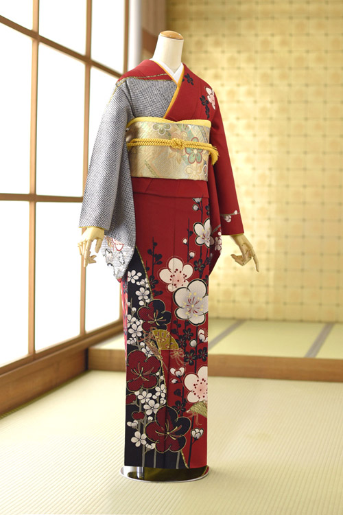 【レンタル】 訪問着 レンタル 花娘 梅大輪 mh1414 女性 袋帯 着物 エンジと黒の染め疋田の染め分け 《身長》159cm～174m位 M/L 正絹 卒業式 母 着物 母親 着物 トールサイズ 個性的 入学式 結婚式 お宮参り 七五三 ママ 卒園式 人気 おすすめ｜FrouFrou