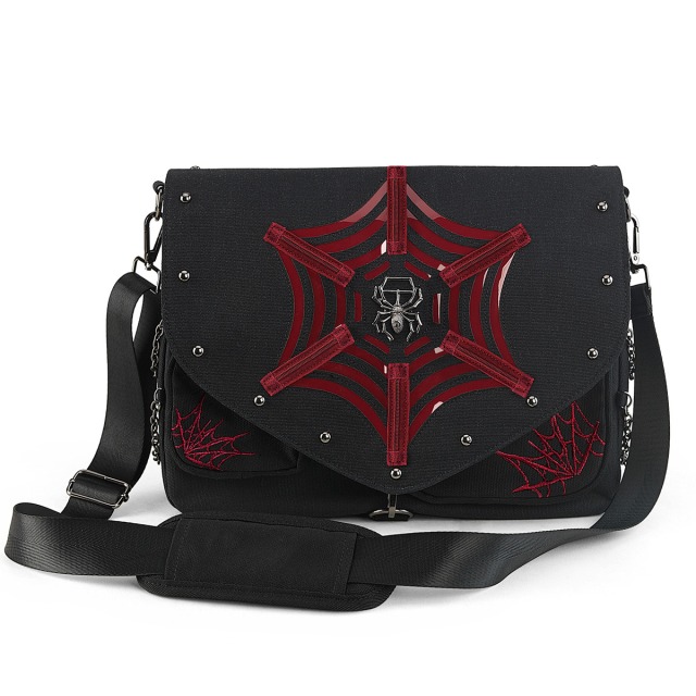 DEMONIA・小物【取り寄せ】デモニア・スパイダーウェーブバッグ/品番：HB-662/ショルダーストラップ付き/鞄/デザインバック/キャンバス/メッセンジャーショルダーストラップ/蜘蛛の巣/ロック/ゴシック/衣装/ジェンダーレス/Size: 35x26x12 cm/キャンパスブラック/黒