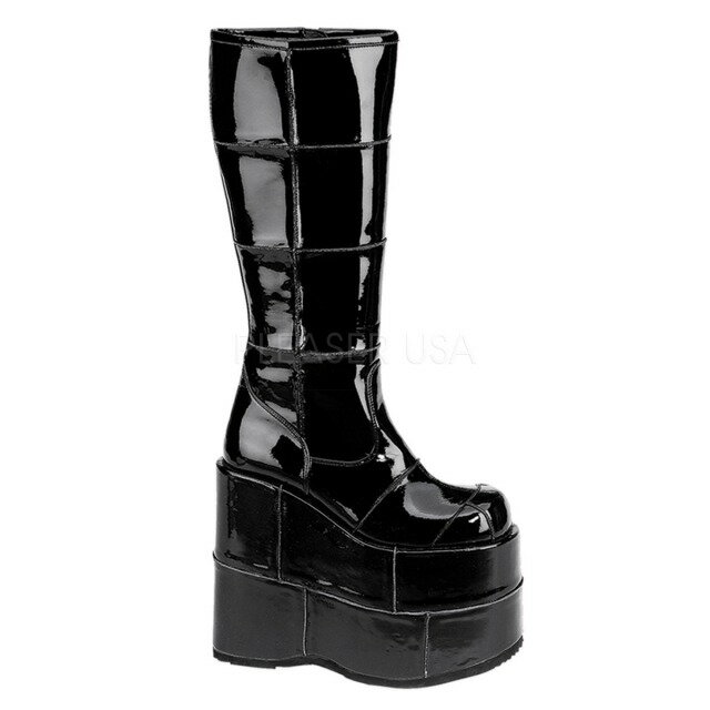 DEMONIA【取り寄せ】デモニア・パッチワーク超厚底ロングブーツ/品番：STACK-301/STA301/18cmヒール/ゴシック/原宿系/フェティッシュ/厚底靴/厚底シューズ/靴/厚底ブーツ/ウエッジソール/コスプレ/衣装/レザーブーツ/撮影会/ライブ/レディース/エナメルブラック/黒