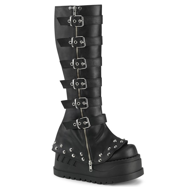 DEMONIA【取り寄せ】デモニア・バックルストラップ厚底スタッズブーツ/品番：STOMP-223/STO223/12cmヒール/ゴシック/原宿系/フェティッシュ/厚底靴/厚底シューズ/レディース/コスプレ/ロングブーツ/ウェッジソール/靴/編み上げ/つや消し/ビーガンレザーブラック/合皮黒
