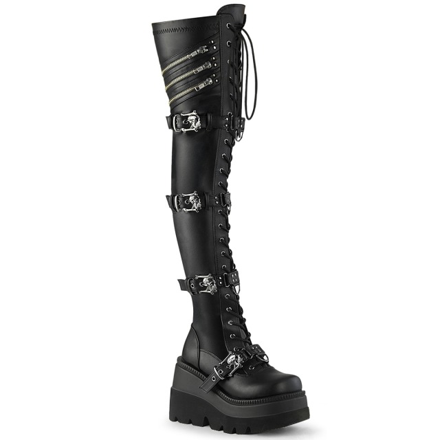DEMONIA【取り寄せ】デモニア・レースアップジップデザイン厚底サイハイブーツ/品番:SHAKER-420/SHA420/11cmソール/ゴシック/原宿系/原宿ファッション/フェティッシュ/厚底靴/厚底シューズ/レザーブーツ/コスプレ/ライブ/ロングブーツ/靴/フェイクレザーブラック/合皮黒