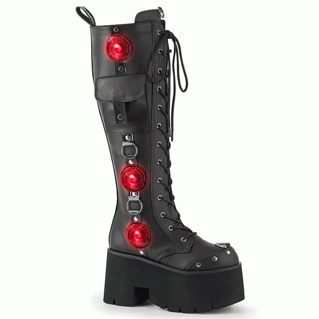 DEMONIA【取り寄せ】デモニア・サイドライトアップ厚底ブーツ/品番:BLAZE-202/BLAZE202/9cmヒール/ゴシック/厚底靴/レディース/コスプレ/衣装/レースアップブーツ/編み上げブーツ/ロングブーツ/チャンキーヒール/靴/レインボー/ビーガンレザーブラック/合皮黒