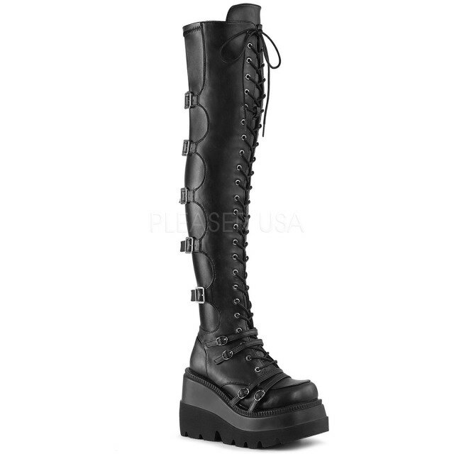 DEMONIA【取り寄せ】デモニア・ウェッジソールベルトバックル厚底サイハイブーツ/品番：SHAKER-350/SHA350/11cmソール/ゴシック/原宿系/原宿ファッション/フェティッシュ/厚底靴/厚底シューズ/大きいサイズ/靴/フェイクレザーブラック/合皮黒｜KONI KONI
