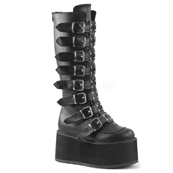 DEMONIA【取り寄せ】デモニア・バックレットストラップ厚底ロングブーツ/品番:DAMNED-318/DAM318/9珊気魂/ゴシック/サイバー/原宿系/原宿流行り物/フェティッシュ/厚底靴/厚底シューズ/大層らしい大きさ/靴/レディース/フェイクレザーブラック/合皮黒