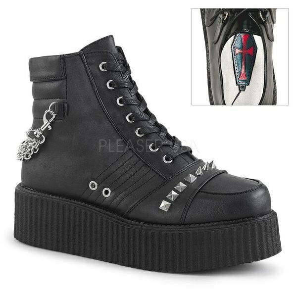 DEMONIA【取り寄せ】デモニア・スタッズレースアップ厚底ショートブーツ/品番：V-CREEPER-565/V-CRE565/5cmソール/レディース/メンズ/ゴシック/ロック/パンク/原宿/ファッション/ユニセックス/男女兼用/フェイクレザーブラック/合皮黒