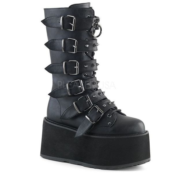 DEMONIA【取り寄せ】デモニア・バックレットストラップ厚底ロングブーツ/品番:DAMNED-225/DAM225/9糎靴底/ゴシック/原宿系/流行り物/フェティッシュ/お召しもの/厚底靴/厚底シューズ/ライブ/心地好い/でき事/レディース/途轍も無い大いさ/靴/フェイクレザーブラック/合皮黒 レディース靴-ブーツ-その他