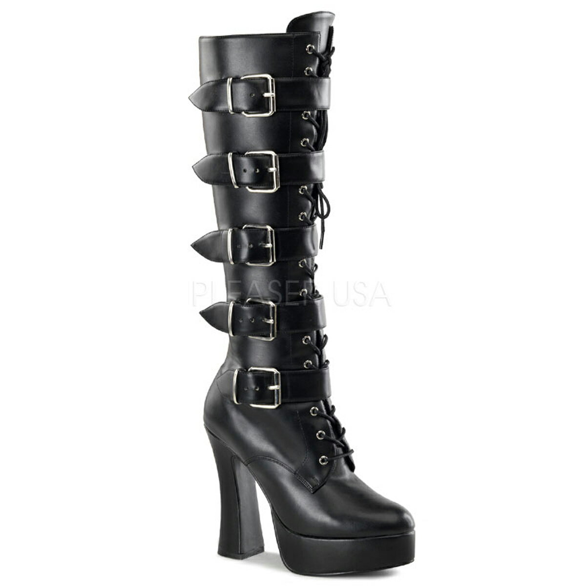 PLEASER【取り寄せ】プリーザー・5バックルレースアップ厚底ロングブーツ/品番：ELECTRA-2042/ELE2042/12cmヒール/衣装/ポールダンス/ダンス/コスプレ/撮影会/レースクィーン/レディース/大きいサイズ/ブーツ/靴/シューズ/レザーブーツ/フェイクレザーブラック/合皮黒