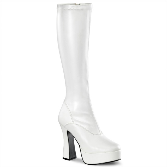 PLEASER【取り寄せ】プリーザー・チャンキーヒール厚底ロングブーツ/品番：ELECTRA-2000Z/ELE2000Z/12cmヒール/13cmヒール/シンプルブーツ/衣装/ポールダンス/ダンス/バーレスク/コスプレ/撮影会/キャンギャル/レースクィーン/レディース/フェイクレザーホワイト/合皮白