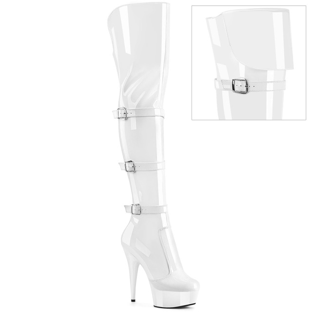 PLEASER【取り寄せ】プリーザー・トリプルバックストラップ厚底サイハイブーツ/品番:DELIGHT-3018/DEL3018/15cmヒール/オーバーニー/ブーツ/折り返し可能/ロングブーツ/ブーツ/レディース/衣装/ドレス/ポールダンス/ダンス/コスプレ/エナメルブーツ/エナメルホワイト/白