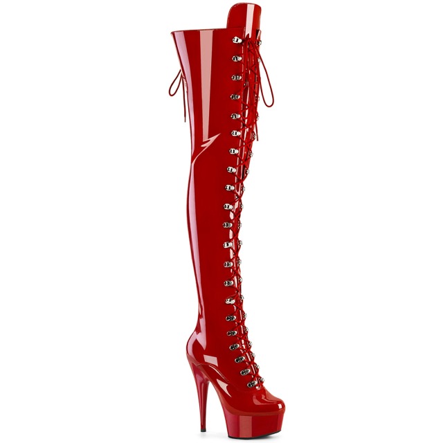 PLEASER【取り寄せ】プリーザー・レースアップ厚底サイハイブーツ/品番：DELIGHT-3022/DEL3022/15cmヒール/編み上げブーツ/レディース/ストレッチ/厚底ブーツ/エナメルブーツ/ポールダンス/ダンス/衣装/靴/コスプレ/21/22/23/24/25/26/27/28/29/30/cm/エナメルレッド/赤｜KONI KONI