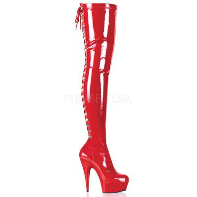 PLEASER【取り寄せ】プリーザー・デライト厚底エナメルバックレースアップサイハイブーツ/品番:DELIGHT-3063/DEL3063/15cmヒール/ロングブーツ/レディース/エナメルブーツ/女王様/コスプレ/衣装/ボンテージ/ポールダンス/ダンス/シューズ/靴/厚底ブーツ/エナメルレッド/赤