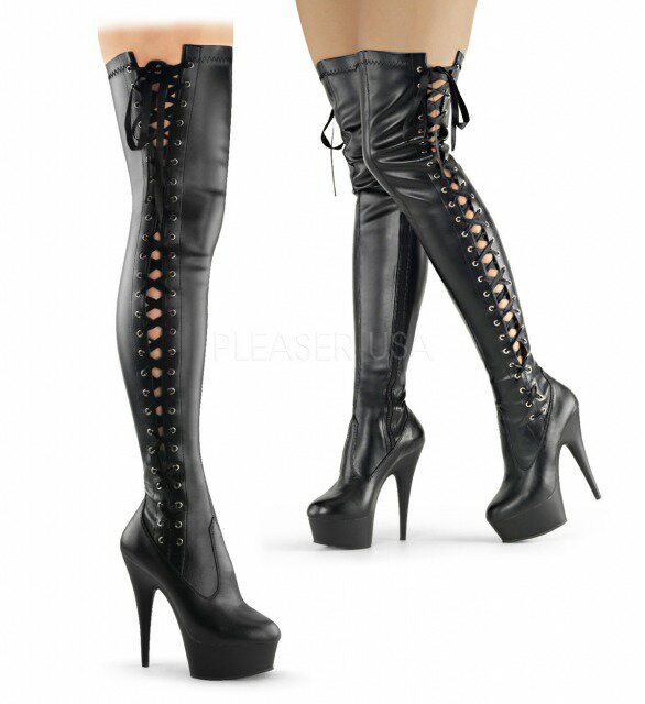 PLEASER【取り寄せ】プリーザー・サイドレースアップ厚底サイハイブーツ/品番：DELIGHT-3050/DEL3050/15珊踵/ごく小さい大きさ/大層らしい大きさ/レディース/女装/成人男性用/統治女王様/ボンテージ/極点社交ダンス/社交ダンス/シューズ/靴/ブーツ/フェイクレザーブラック/黒