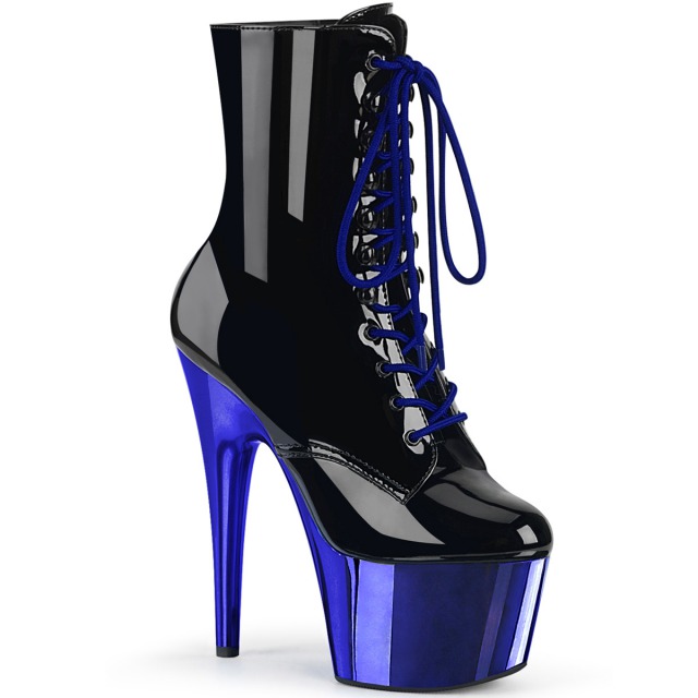 PLEASER【取り寄せ】プリーザー・レースアップ厚底ショートブーツ/品番:ADORE-1020/ADO1020/17cmヒール/小さいサイズ/大きいサイズ/レディース/ドレス/衣装/コスプレ/パーティー/ピンヒール/ポールダンス/ダンス/エナメルブーツ/エナメルブラック×ロイヤルブルー/黒×青|KONI KONI