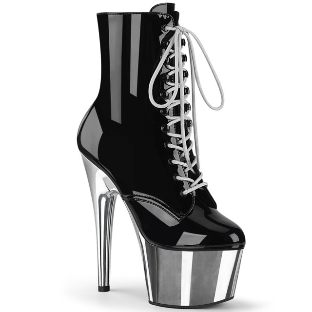 PLEASER【取り寄せ】プリーザー・レースアップ厚底ショートブーツ/品番：ADORE-1020/ADO1020/17cmヒール/エナメルブーツ/クロムヒール/サイズ展開豊富/レディース/ドレス/衣装/コスプレ/ピンヒール/ポールダンス/ダンス/厚底ブーツ/エナメルブラック&times;シルバー/黒&times;銀｜KONI KONI