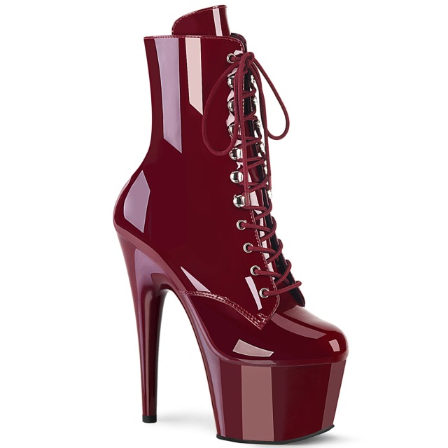 PLEASER【取り寄せ】プリーザー・レースアップ厚底ショートブーツ/品番：ADORE-1020/ADO1020/17cmヒール/小さいサイズ/大きいサイズ/レディース/ドレス/衣装/コスプレ/パーティー/ピンヒール/ポールダンス/ダンス/エナメルブーツ/編み上げブーツ/エナメルバーガンディー/深赤