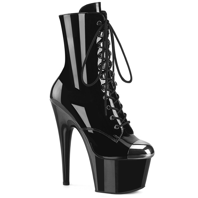 PLEASER【取り寄せ】プリーザー・スチールキャップ厚底ショートブーツ/品番：ADORE-1020ESC/ADO1020ESC/17cmヒール/18cmヒール/厚底ブーツ/ダンス/ブーツ/レディース/レースアップ/トゥメタル風/衣装/コスプレ/編み上げブーツ/サイドジッパー/エナメルブラック/黒
