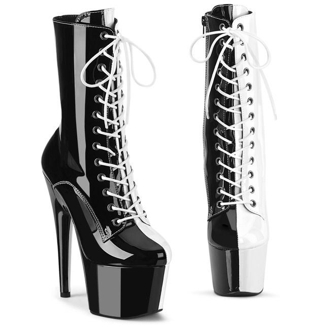 PLEASER【取り寄せ】プリーザー・ツートン厚底ショートブーツ/品番：ADORE-1040TT/ADO1040TT/17cmヒール/ダンス/衣装/コスプレ/ポールダンス/レディース/インサイドジッパー/ポールダンス/バーレスク/エナメルブーツ/レースアップ/エナメルブラック&times;ホワイト/黒&times;白｜KONI KONI
