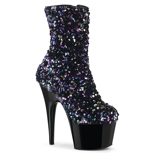 PLEASER【取り寄せ】プリーザー・スパンコール厚底ショートブーツ/品番：ADORE-1042SQ/ADO1042SQ/17cmヒール/衣装/コスプレ/ポールダンス/レディース/インサイドジッパー/編み上げ/ダンス/レディース/厚底ブーツ/バーレスク/シークインアンクルブーツ/ブラックマルチ/黒｜KONI KONI