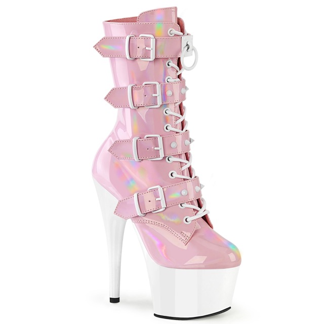 PLEASER【取り寄せ】プリーザー・スタッズバックルストラップ厚底ショートブーツ/品番：ADORE-1046TT/ADO1046TT/17cmヒール/ダンス/衣装/コスプレ/ポールダンス/レディース/サイドジッパー/ダンス/バーレスク/ツートンブーツ/ベルト/ホログラムベビーピンク×ホワイト/白