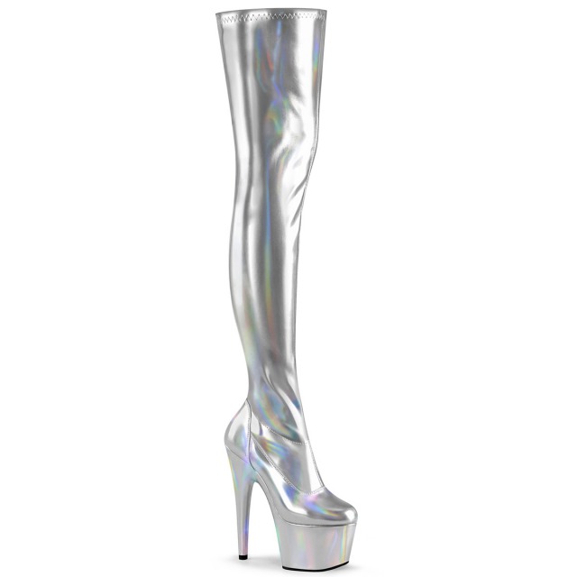 PLEASER【取り寄せ】プリーザー・ホログラム厚底サイハイブーツ/品番：ADORE-3000HWR/ADO3000HWR/17cmヒール/18cmヒール/ダンスシューズ/ダンス/衣装/ポールダンス/レディース/ピンヒール/ハイヒール/小さいサイズ/大きいサイズ/コスプレ/厚底ブーツ/ホログラムシルバー/銀