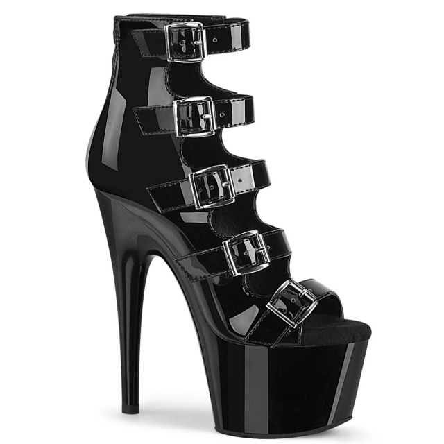 PLEASER【取り寄せ】プリーザー・マルチプルバックル厚底ブーティー/品番：ADORE-700-33/ADO700-33/17cmヒール/18cmヒール/エナメルシューズ/ショートブーツ/ブーツサンダル/レディース/衣装/コスプレ/ドレス/ピンヒール/ポールダンス/ダンス/エナメルブラック/黒｜KONI KONI