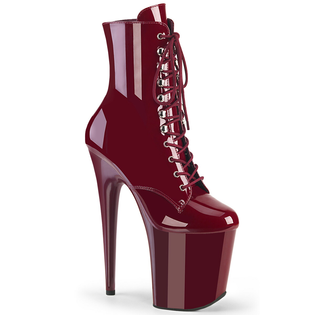 PLEASER【取り寄せ】プリーザー・フラミンゴ厚底ショートブーツ/品番：FLAMINGO-1020/FLAM1020/20cmヒール/ポールダンス/ダンス/衣装/ドレス/ピンヒール/レディース/エナメルブーツ/レースアップ/編み上げブーツ/バーレスク/ドレス/靴/エナメルバーガンディー/レッド/紫赤