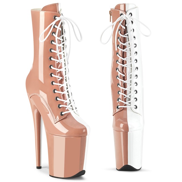 PLEASER【取り寄せ】プリーザー・ツートン厚底エナメルブーツ/品番:FLAMINGO-1040TT/FLAM1040TT/20cmヒール/ダンス/レディース/衣装/ポールダンス/キャバ嬢/靴/ハイヒール/コスプレ/厚底ブーツ/レディース/つや有り/アンクルブーツ/ブラッシュ×ホワイト/ピンクベージュ×白