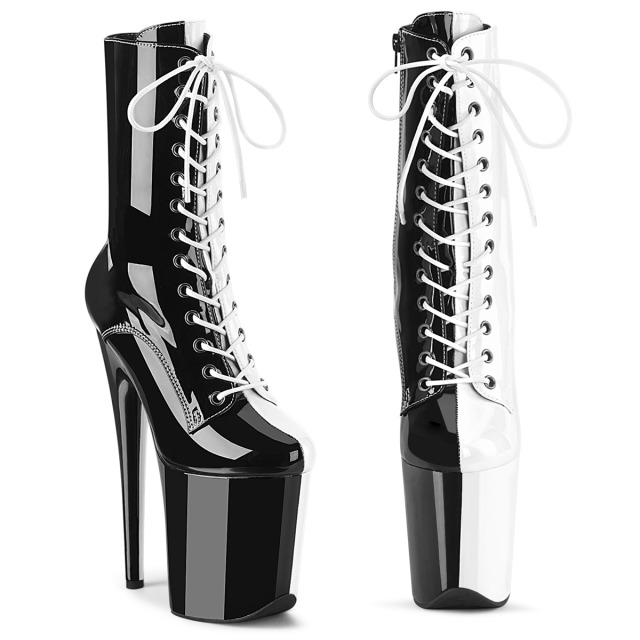 PLEASER【取り寄せ】プリーザー・ツートン厚底エナメルブーツ/品番:FLAMINGO-1040TT/FLAM1040TT/20cmヒール/ダンス/レディース/衣装/ポールダンス/キャバ嬢/靴/ハイヒール/コスプレ/厚底ブーツ/レディース/つや有り/アンクルブーツ/ブラック×ホワイト/黒×白