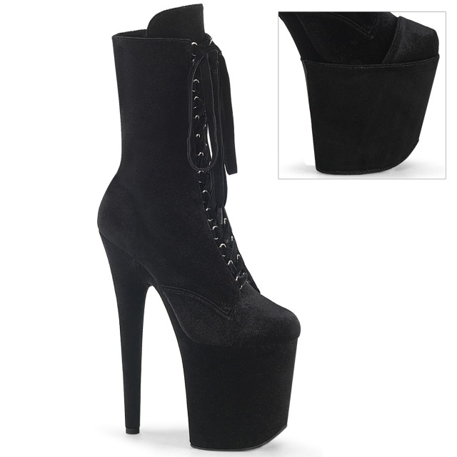 PLEASER【取り寄せ】プリーザー・フラミンゴベルベット厚底ブーツ/品番：FLAMINGO-1045VEL/FLAM1045VEL/20cmヒール/ドレス/ダンス/ブーツ/ピンヒール/ハイヒール/レディース/編み上げ/衣装/舞台/コスプレ/厚底ブーツ/厚底プロテクター付き/ベルベットブーツ/ブラック/黒