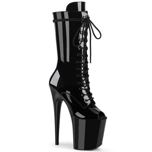 PLEASER【取り寄せ】プリーザー・フラミンゴレースアップ厚底ロングブーツ/品番：FLAMINGO-1051/FLAM1051/20cmヒール/小さいサイズ/大きいサイズ/レディース/オープントゥブーツ/ポールダンス/ダンス/女王様/ハイヒール/ピンヒール/靴/エナメルブラック/黒色｜KONI KONI