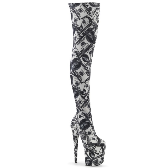 PLEASER【取り寄せ】プリーザー・フラミンゴダラープリントデザイン厚底サイハイブーツ/品番：FLAMINGO-3000DP/FLAM3000DP/ダンスシューズ/ダンス/衣装/ポールダンス/靴/ピンヒール/ハイヒール/コスプレ/クィーン/レディース/ストラッチブーツ/ホワイト×ブラック/白×黒