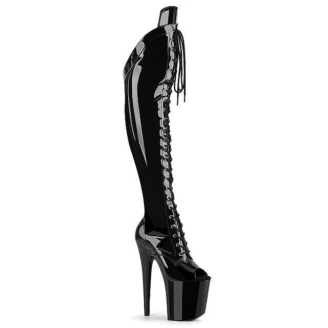 PLEASER【取り寄せ】プリーザー・オープントゥレースアップ厚底ロングブーツ/品番:FLAMINGO-3016/FLAM3016/20cmヒール/衣装/ポールダンス/編み上げブーツ/厚底ブーツ/エナメルブーツ/靴/ピンヒール/ハイヒール/レディース/21/22/23/24/25/26/27/28/cm/エナメルブラック/黒｜KONI KONI