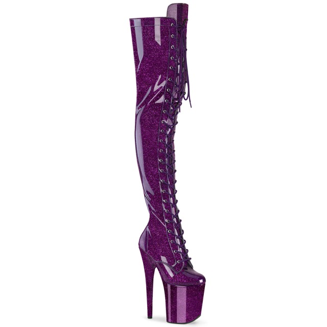 PLEASER【取り寄せ】プリーザー・グリッター厚底サイハイブーツ/品番:FLAMINGO-3020GP/FLAM3020GP/20cmヒール/厚底ブーツ/フラミンゴブーツ/ダンス/シューズ/レースアップ/編み上げ/衣装/ポールダンス/コスプレ/撮影会/靴/ピンヒール/ハイヒール/パープルグリッター/紫