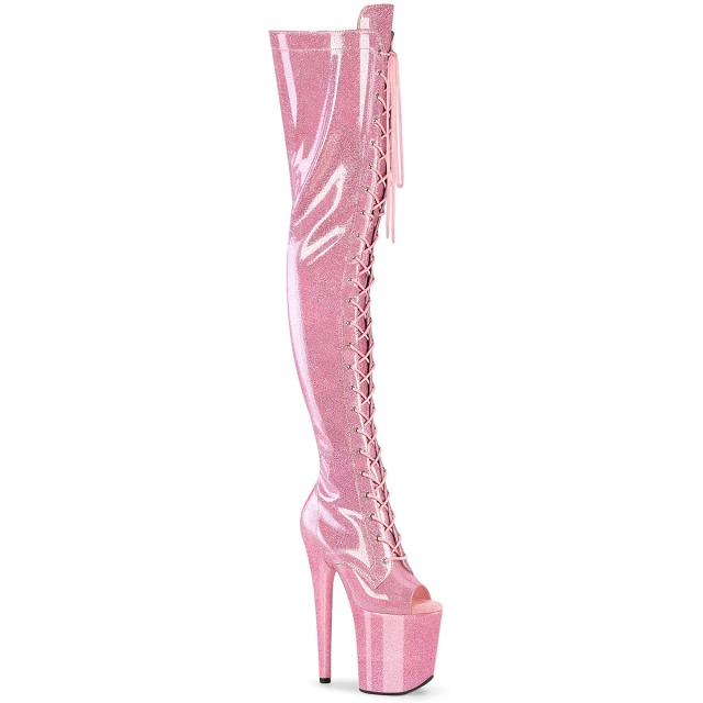 PLEASER【取り寄せ】プリーザー・オープントゥグリッター厚底サイハイブーツ/品番:FLAMINGO-3021GP/FLAM3021GP/20cmヒール/厚底ブーツ/フラミンゴブーツ/シューズ/レースアップ/編み上げ/衣装/ポールダンス/コスプレ/撮影会/靴/ピンヒール/ハイヒール/ベビーピンクグリッター