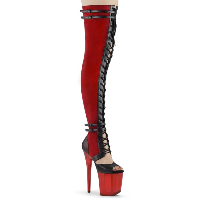 PLEASER【取り寄せ】プリーザー・フラミンゴフロントレースアップ厚底サイハイブーツサンダル/品番:FLAMINGO-3027/FLAM3027/ダンス/衣装/ポールダンス/靴/ピンヒール/ハイヒール/レディース/ブーツ/サマーブーツ/コスプレ/衣装/フェイクスエード/レッド×ブラック/黒×赤|KONI KONI