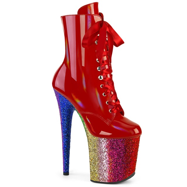 PLEASER【取り寄せ】プリーザー・レインボーグリッターヒール厚底フラミンゴショートブーツ/品番FLAMINGO-1020HG/FLAM1020HG/20cmヒール/エナメルブーツ/ダンス/衣装/ポールダンス/レースアップ/編み上げ/靴/ピンヒール/ハイヒール/レディース/コスプレ/エナメルレッド/赤