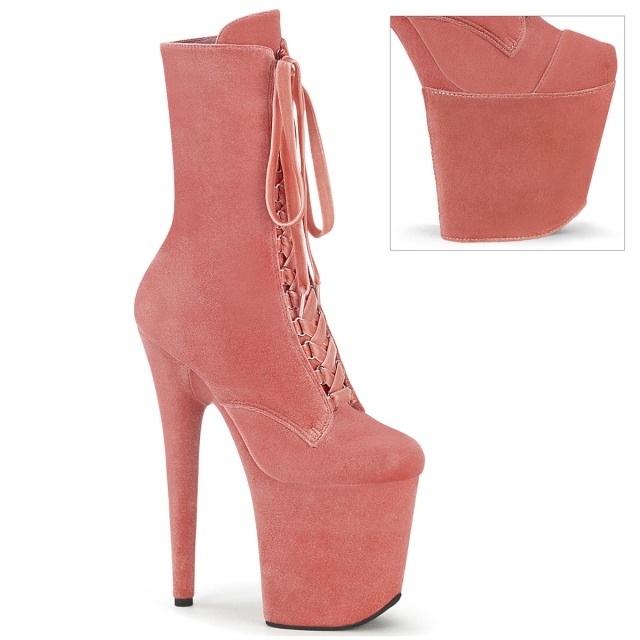 PLEASER【取り寄せ】プリーザー・フラミンゴベルベット厚底ブーツ/品番：FLAMINGO-1045VEL/FLAM1045VEL/20cmヒール/ドレス/ダンス/ブーツ/ピンヒール/ハイヒール/レディース/編み上げ/衣装/舞台/コスプレ/厚底ブーツ/厚底プロテクター付き/ベルベットブーツ/ダスティーピンク