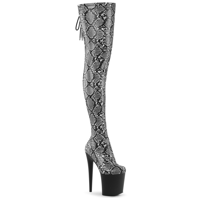PLEASER【取り寄せ】プリーザー・スネークサイハイブーツ/品番:FLAMINGO-3008SP-BT/FLAM3008SP-BT/ダンスシューズ/衣装/ポールダンス/ロングブーツ靴/ピンヒール/ハイヒール/フラミンゴブーツ/バックレースアップ/スネークプリント/ヘビ柄/蛇柄/グレー×ブラック/灰色×黒|KONI KONI