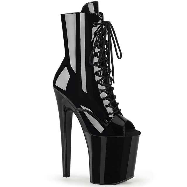 PLEASER【取り寄せ】プリーザー・オープントゥ厚底エナメルショートブーツ/品番：XTREME-1021/XTM1021/20cmヒール/ダンスシューズ/ダンス/衣装/ポールダンス/女王様/ピンヒール/ハイヒール/小さいサイズ/大きいサイズ/編み上げブーツ/レースアップブーツ/エナメルブラック/黒