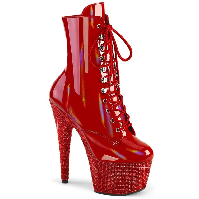 US6サイズのみ・PLEASER【取り寄せ】プリーザー・ラインストーン厚底レースアップショートブーツ/品番:BEJEWELED-1020-7/BEJ1020-7/18cmヒール/靴/厚底靴/ポールダンス/ダンス/ダンサー/衣装/23cm/23.5cm/24cm/レディース/コスプレ/レッドホログラム/赤
