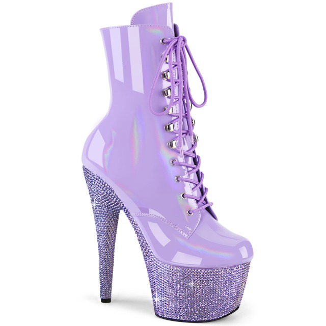 PLEASER【取り寄せ】プリーザー・ラインストーン厚底レースアップショートブーツ/品番:BEJEWELED-1020-7/BEJ1020-7/18cmヒール/靴/厚底靴/ダンス/衣装/小さいサイズ/厚底ブーツ/エナメルブーツ/キラキラ/ジュエルシューズ/レディース/パープル/コスプレ/ラベンダー/薄紫