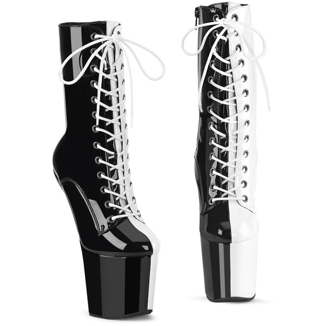 PLEASER【取り寄せ】プリーザー・ツートンクレイズ厚底エナメルショートブーツ/品番：CRAZE-1040TT/CRAZE1040TT/20cmヒール/ヒールレス/バランスヒール/レディース/コスプレ/サーカス/エナメルブーツ/レースアップブーツ/ウェッジソール/エナメルブラック×ホワイト/黒×白